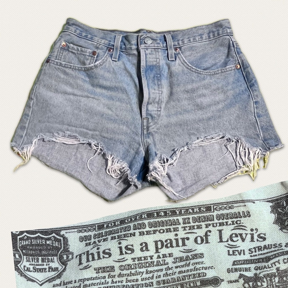 Levi’s 501 denim jean shorts‎ button fly cut off frayed distressed medium light